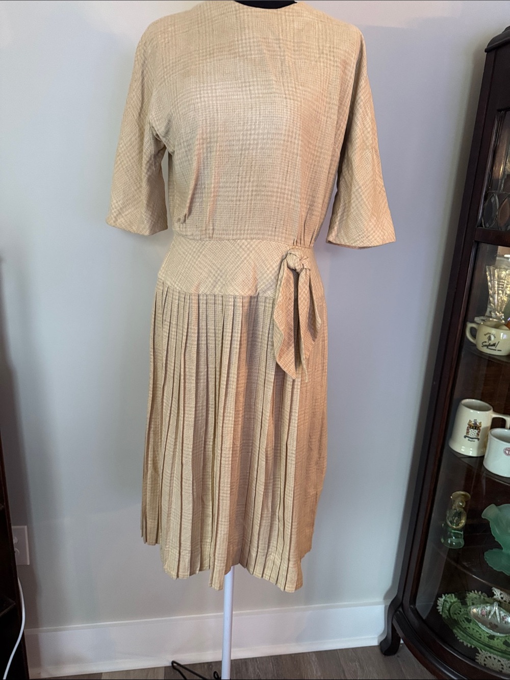 Vintage Lesley Fay Pleated Midi Dress in Beige